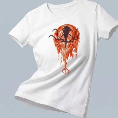 Abstract horror character in dark tones with red and orange accents — printed on a women's shirt