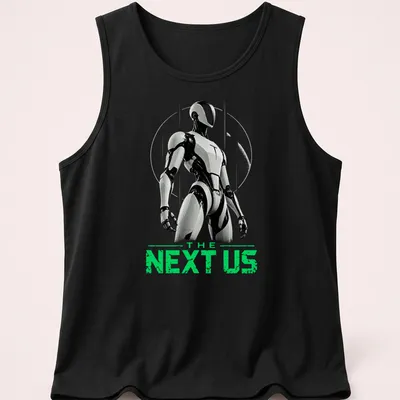 Silhouette of a humanoid robot with text 'THE NEXT US' in black, white, and green — printed on a tank top