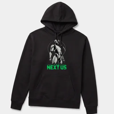 Silhouette of a humanoid robot with text 'THE NEXT US' in black, white, and green — printed on a unisex hoodie
