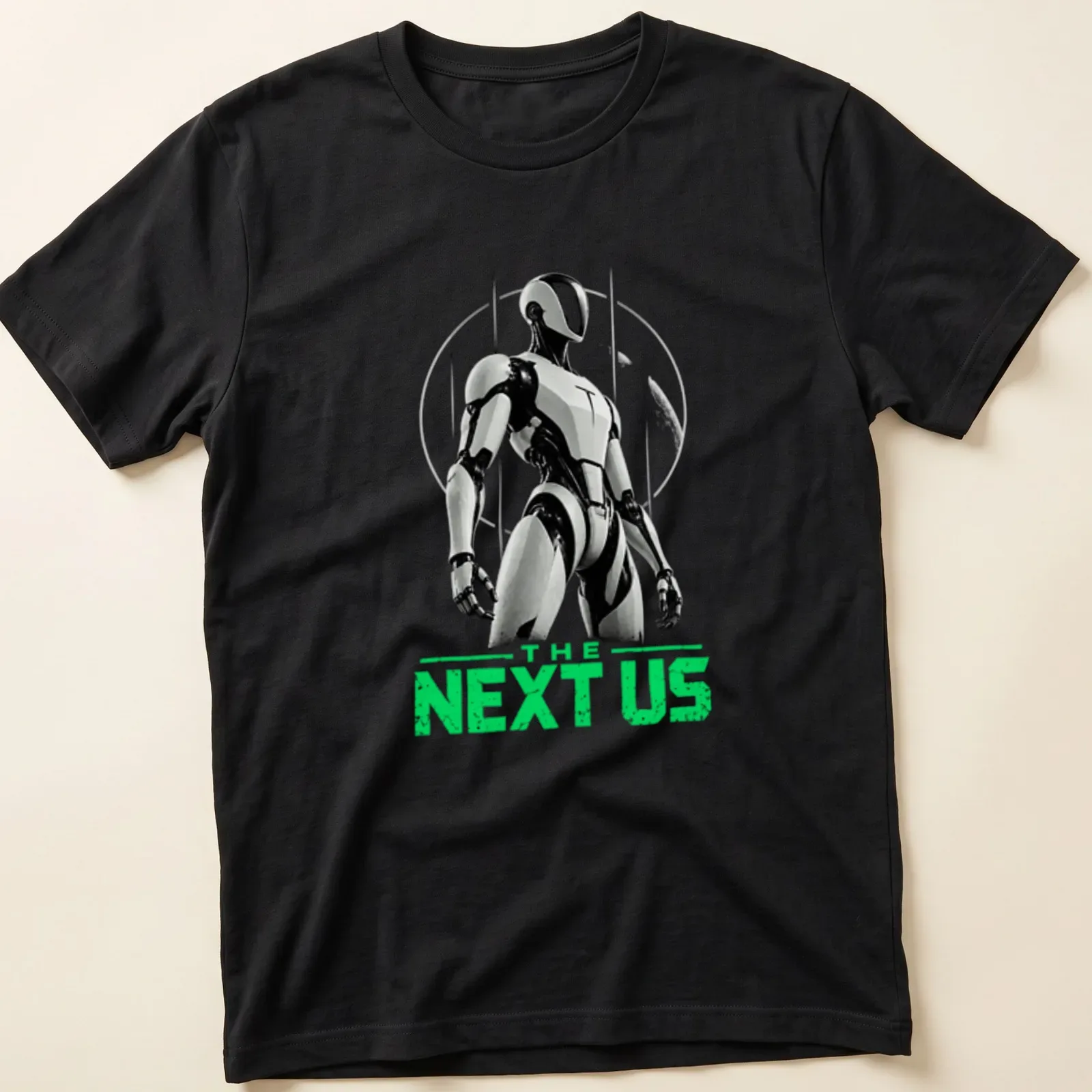Silhouette of a humanoid robot with text 'THE NEXT US' in black, white, and green — printed on a unisex t-shirt