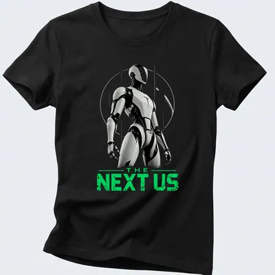 Silhouette of a humanoid robot with text 'THE NEXT US' in black, white, and green — printed on a women's shirt