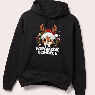 Kawaii design featuring a cute reindeer with a medical kit and festive colors. — printed on a unisex hoodie