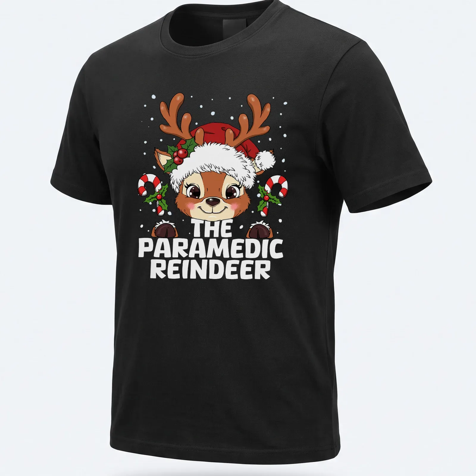Kawaii design featuring a cute reindeer with a medical kit and festive colors. — printed on a unisex t-shirt