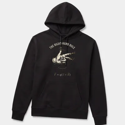 Illustration of a hand demonstrating the right-hand rule with physics vector formula in beige, gold, and white — printed on a unisex hoodie