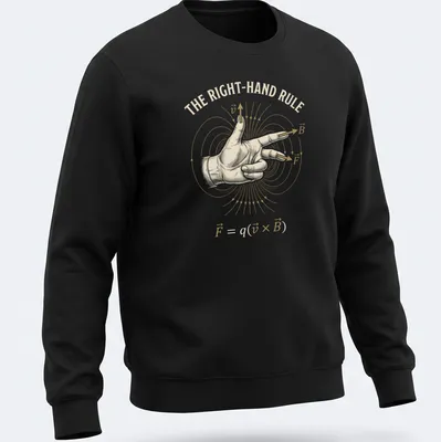 Illustration of a hand demonstrating the right-hand rule with physics vector formula in beige, gold, and white — printed on a unisex sweatshirt