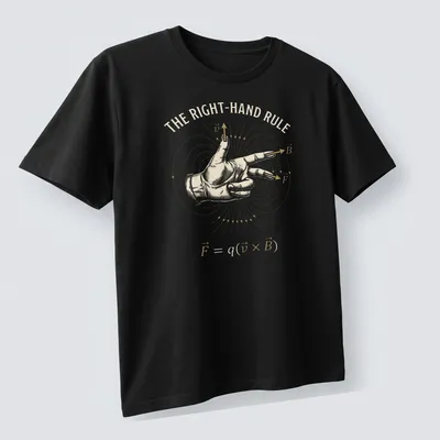 Illustration of a hand demonstrating the right-hand rule with physics vector formula in beige, gold, and white — printed on a unisex t-shirt (angled view)
