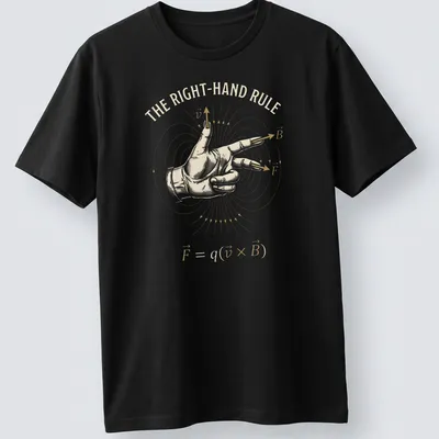 Illustration of a hand demonstrating the right-hand rule with physics vector formula in beige, gold, and white — printed on a unisex t-shirt