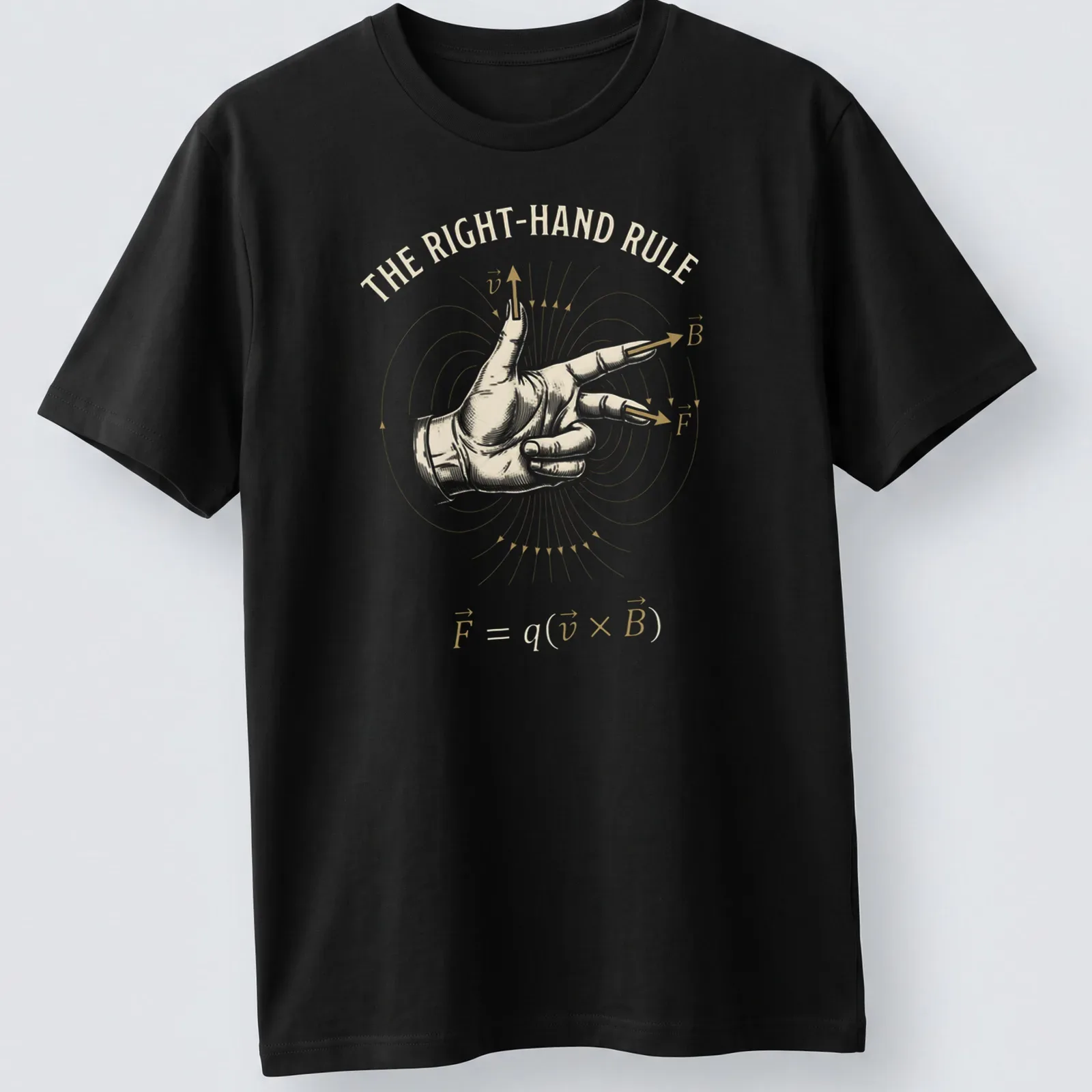 Illustration of a hand demonstrating the right-hand rule with physics vector formula in beige, gold, and white — printed on a unisex t-shirt