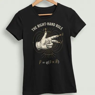 Illustration of a hand demonstrating the right-hand rule with physics vector formula in beige, gold, and white — printed on a women's shirt