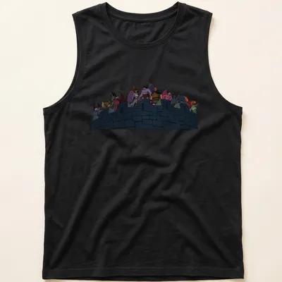 Illustration of animated gargoyles in front of a castle, featuring various colors. — printed on a tank top