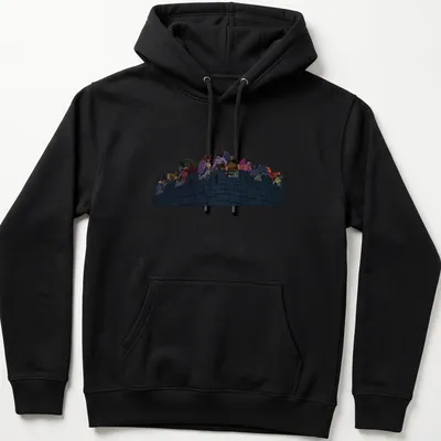 Illustration of animated gargoyles in front of a castle, featuring various colors. — printed on a unisex hoodie