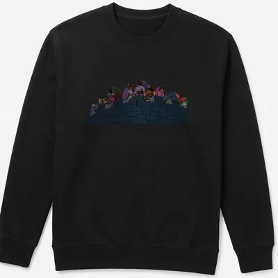 Illustration of animated gargoyles in front of a castle, featuring various colors. — printed on a unisex sweatshirt