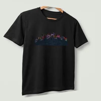 Illustration of animated gargoyles in front of a castle, featuring various colors. — printed on a unisex t-shirt (angled view)