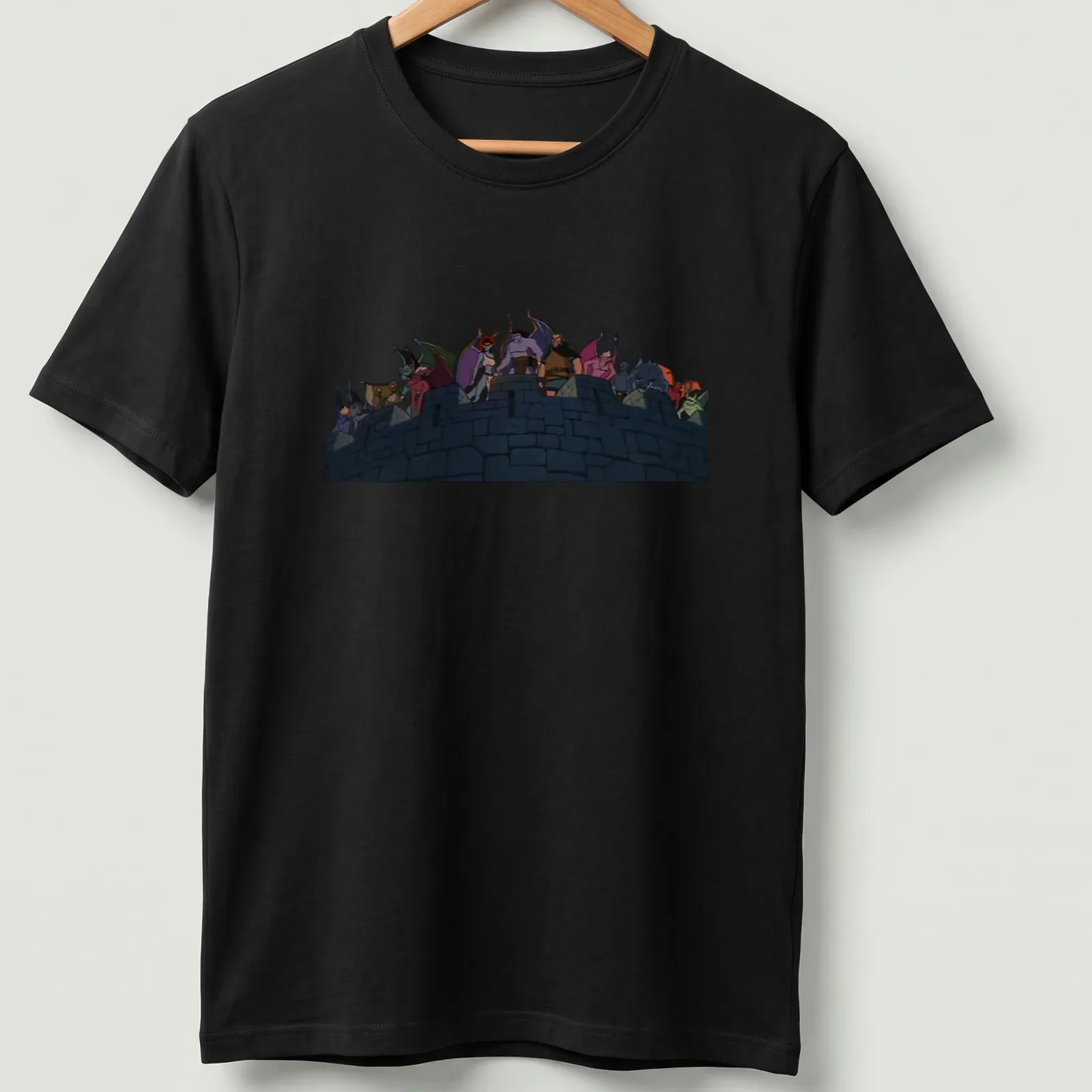 Illustration of animated gargoyles in front of a castle, featuring various colors. — printed on a unisex t-shirt