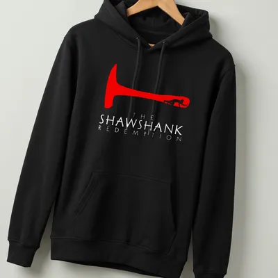Minimalist red silhouette hammer design with text from The Shawshank Redemption. — printed on a unisex hoodie