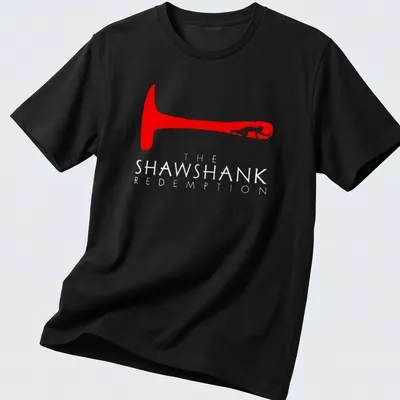 Minimalist red silhouette hammer design with text from The Shawshank Redemption.