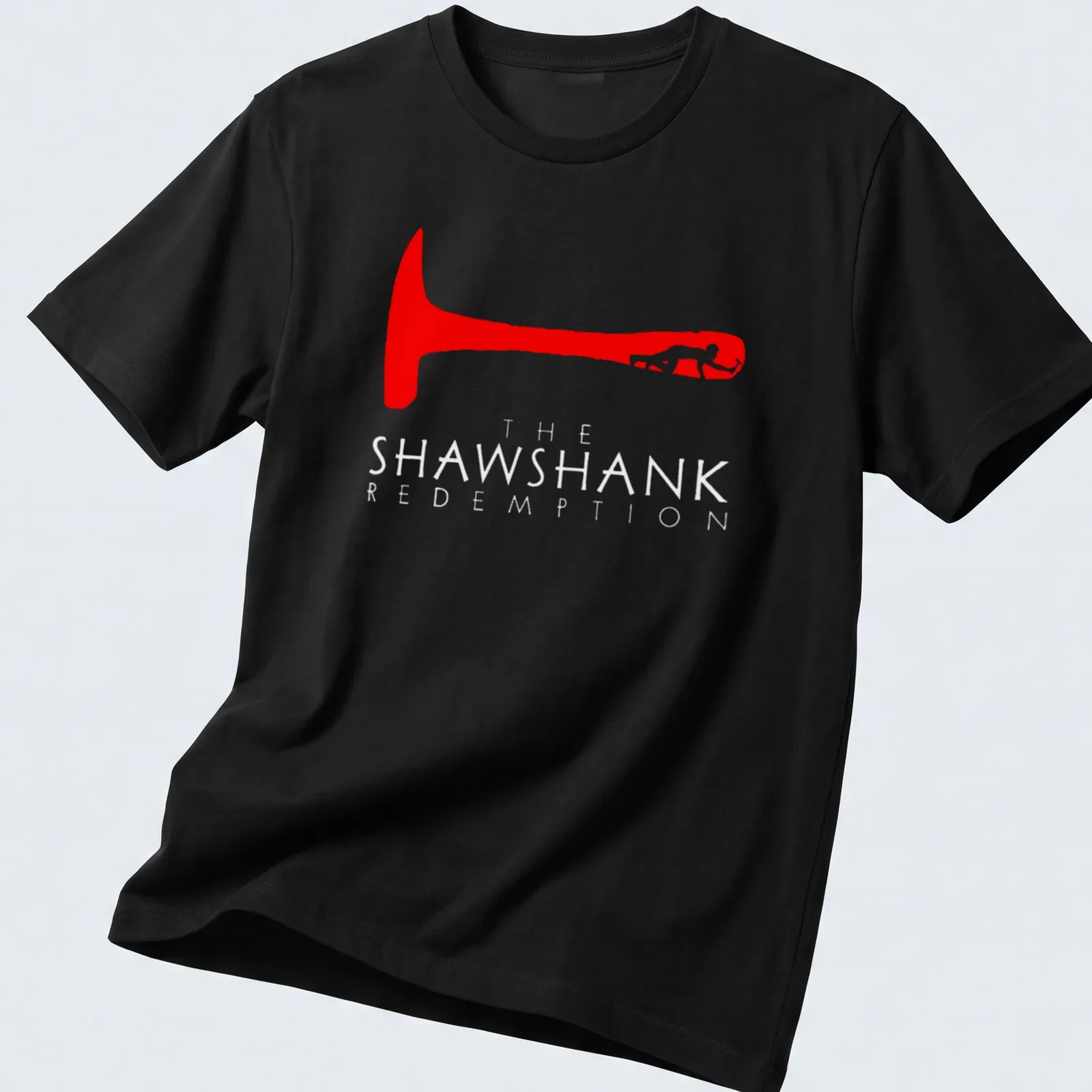 Minimalist red silhouette hammer design with text from The Shawshank Redemption. — printed on a unisex t-shirt