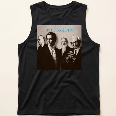 Sepia portrait of four figures with the text 'THE SMITHS' in light blue — printed on a tank top