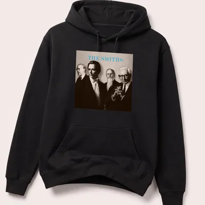 Sepia portrait of four figures with the text 'THE SMITHS' in light blue — printed on a unisex hoodie
