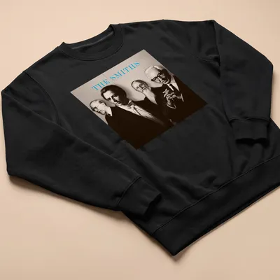 Sepia portrait of four figures with the text 'THE SMITHS' in light blue — printed on a unisex sweatshirt