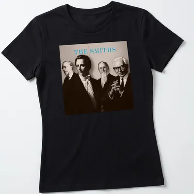 Sepia portrait of four figures with the text 'THE SMITHS' in light blue — printed on a women's shirt
