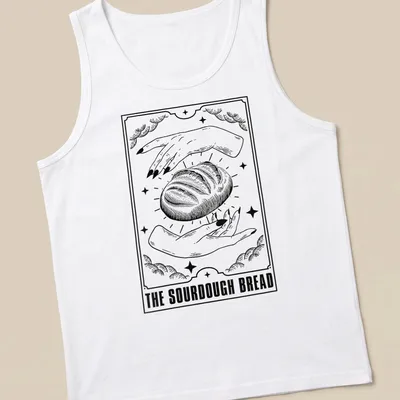 Vintage tarot style print featuring sourdough bread in black and white — printed on a tank top