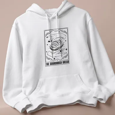 Vintage tarot style print featuring sourdough bread in black and white — printed on a unisex hoodie