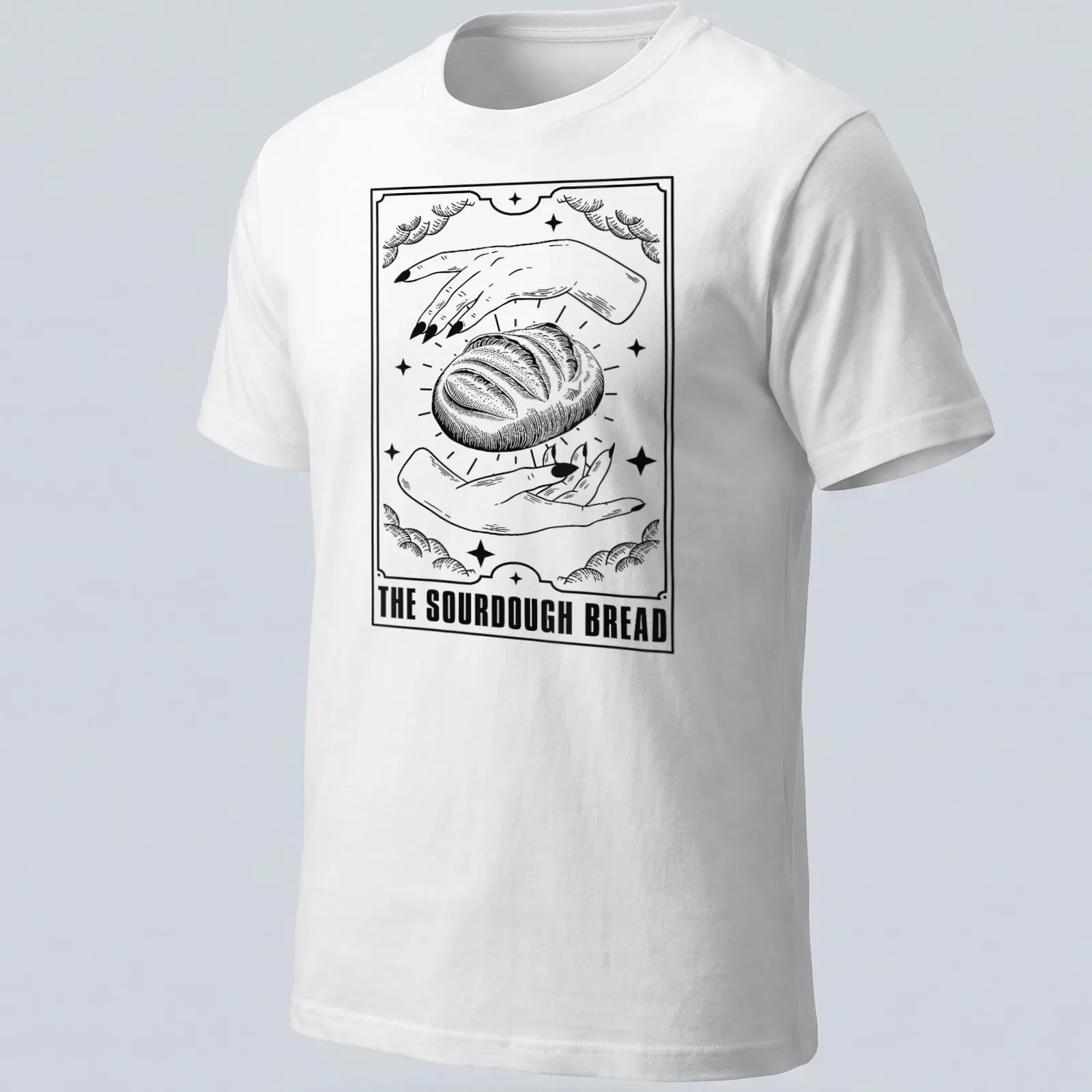 Vintage tarot style print featuring sourdough bread in black and white — printed on a unisex t-shirt