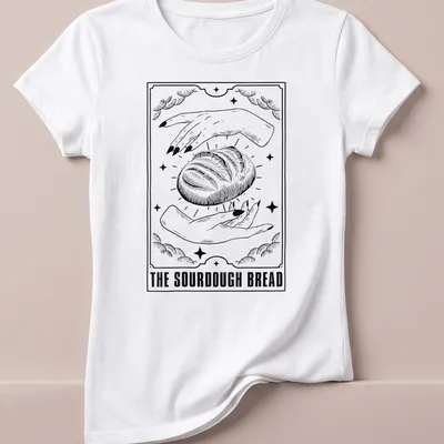 Vintage tarot style print featuring sourdough bread in black and white — printed on a women's shirt