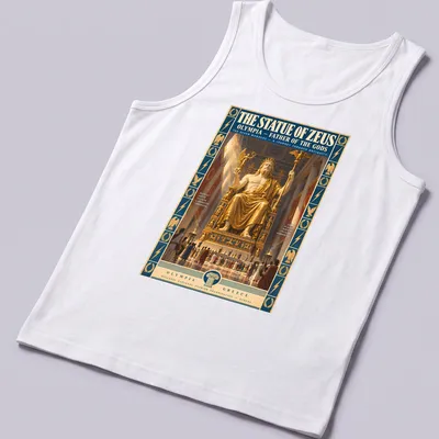 Vintage poster print featuring the Statue of Zeus Olympia in gold, blue, and red — printed on a tank top