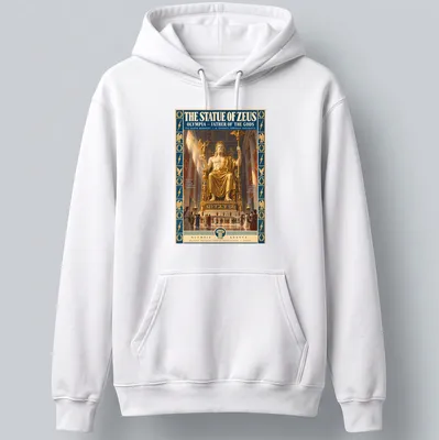 Vintage poster print featuring the Statue of Zeus Olympia in gold, blue, and red — printed on a unisex hoodie