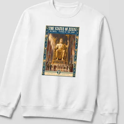 Vintage poster print featuring the Statue of Zeus Olympia in gold, blue, and red — printed on a unisex sweatshirt