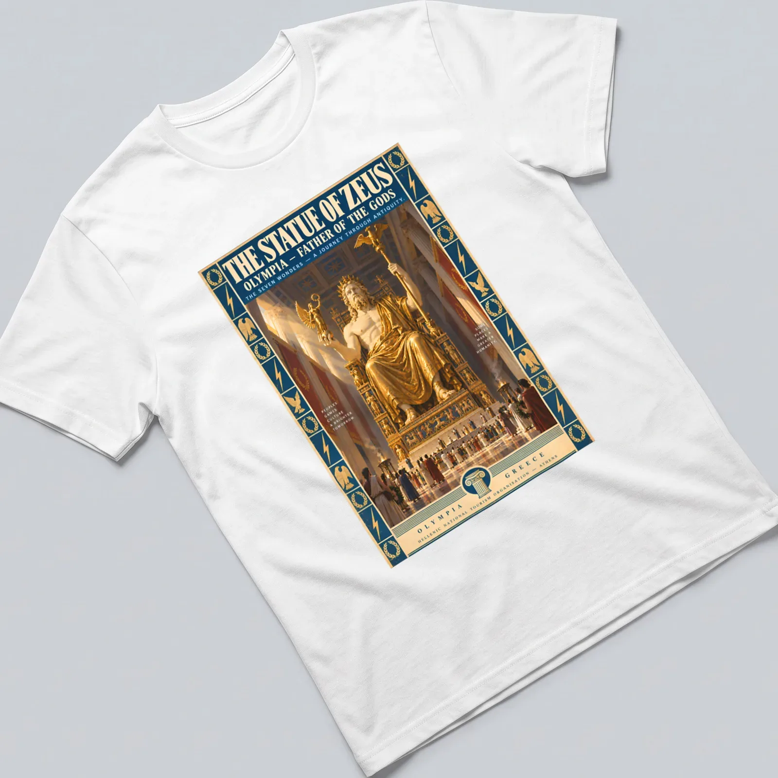 Vintage poster print featuring the Statue of Zeus Olympia in gold, blue, and red — printed on a unisex t-shirt