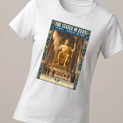 Vintage poster print featuring the Statue of Zeus Olympia in gold, blue, and red — printed on a women's shirt