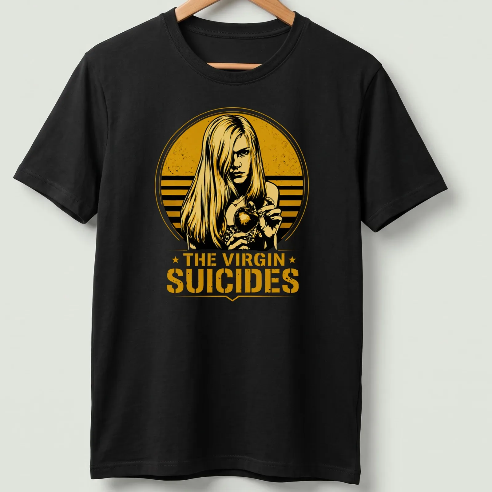 Vintage illustration of The Virgin Suicides with girl holding an apple — printed on a unisex t-shirt