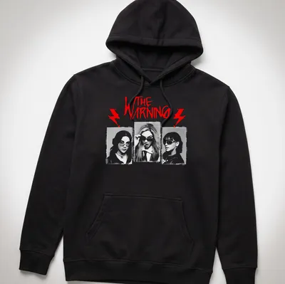 Graphic illustration tee featuring The Warning rock band name in bold colors. — printed on a unisex hoodie