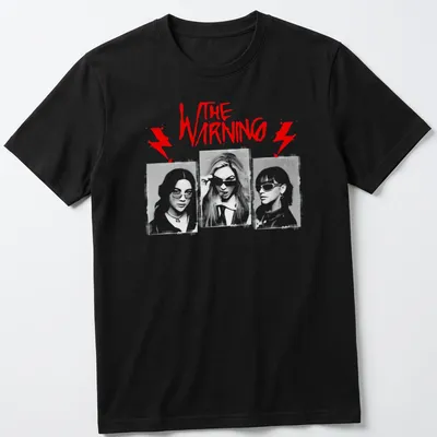 Graphic illustration tee featuring The Warning rock band name in bold colors.