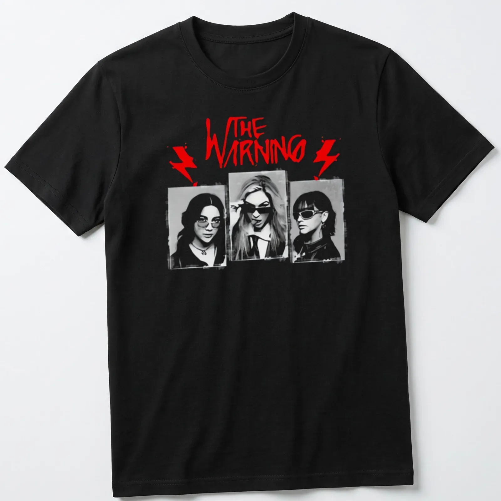 Graphic illustration tee featuring The Warning rock band name in bold colors. — printed on a unisex t-shirt