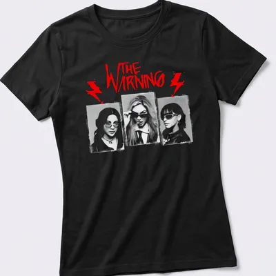 Graphic illustration tee featuring The Warning rock band name in bold colors. — printed on a women's shirt