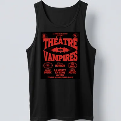 Vintage theatrical design featuring vampires and classic horror text in red and black — printed on a tank top