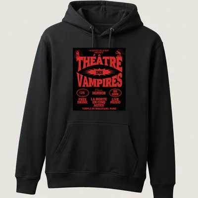 Vintage theatrical design featuring vampires and classic horror text in red and black — printed on a unisex hoodie