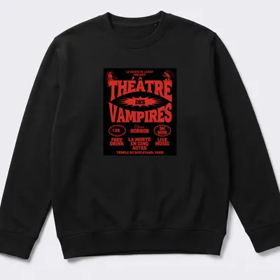 Vintage theatrical design featuring vampires and classic horror text in red and black — printed on a unisex sweatshirt