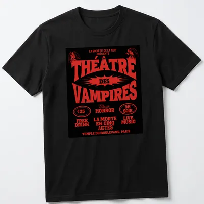 Vintage theatrical design featuring vampires and classic horror text in red and black