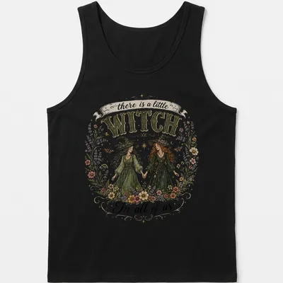Illustrative floral design with two witches and whimsical text about magic. — printed on a tank top