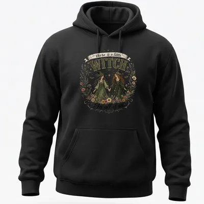 Illustrative floral design with two witches and whimsical text about magic. — printed on a unisex hoodie