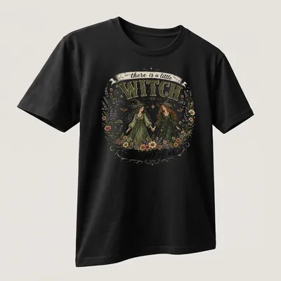 Illustrative floral design with two witches and whimsical text about magic. — printed on a unisex t-shirt (angled view)