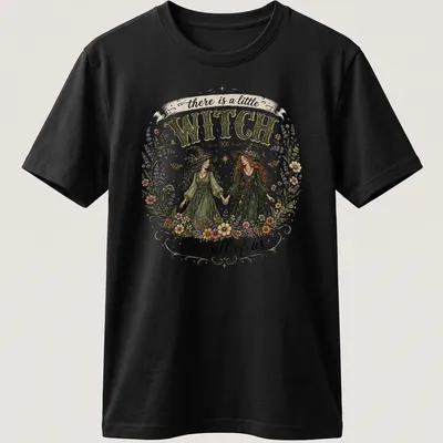 Illustrative floral design with two witches and whimsical text about magic. — printed on a unisex t-shirt
