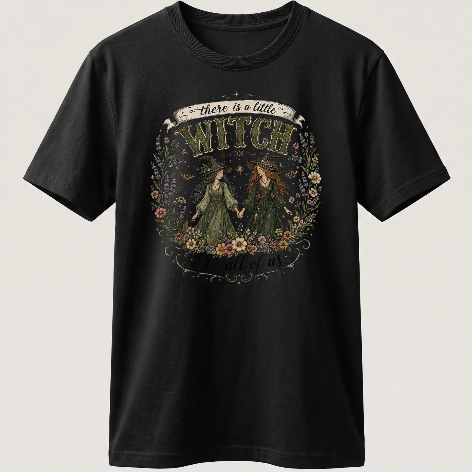 Illustrative floral design with two witches and whimsical text about magic. — printed on a unisex t-shirt