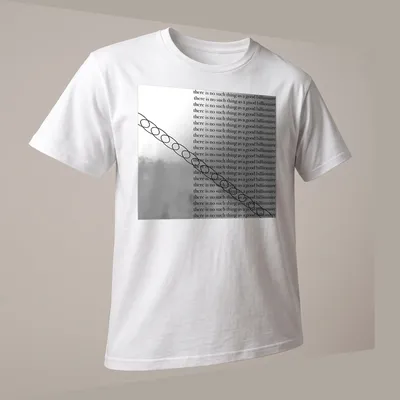 Minimalist design featuring the phrase 'there is no such thing as a good billionaire' in black on white — printed on a unisex t-shirt (angled view)