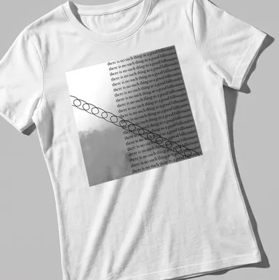 Minimalist design featuring the phrase 'there is no such thing as a good billionaire' in black on white — printed on a women's shirt